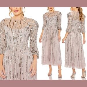 NWT $698 Mac Duggal [ 8 ] Beaded High Neck Midi Dress in Heather‎